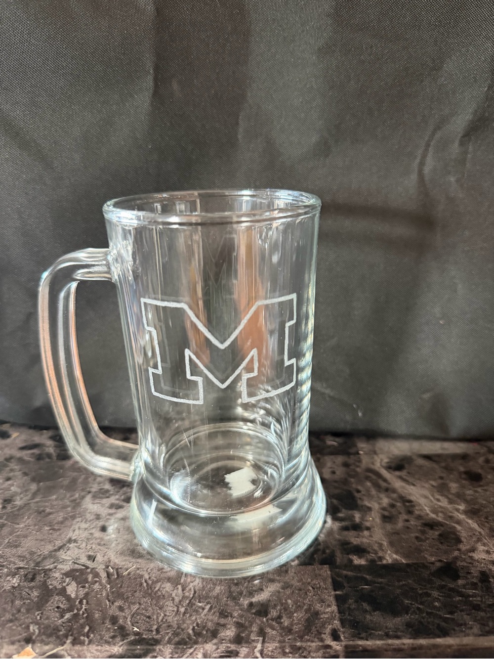 Clear Glass Beer Stein with Etched 'M' Logo - Classic Clear Mug